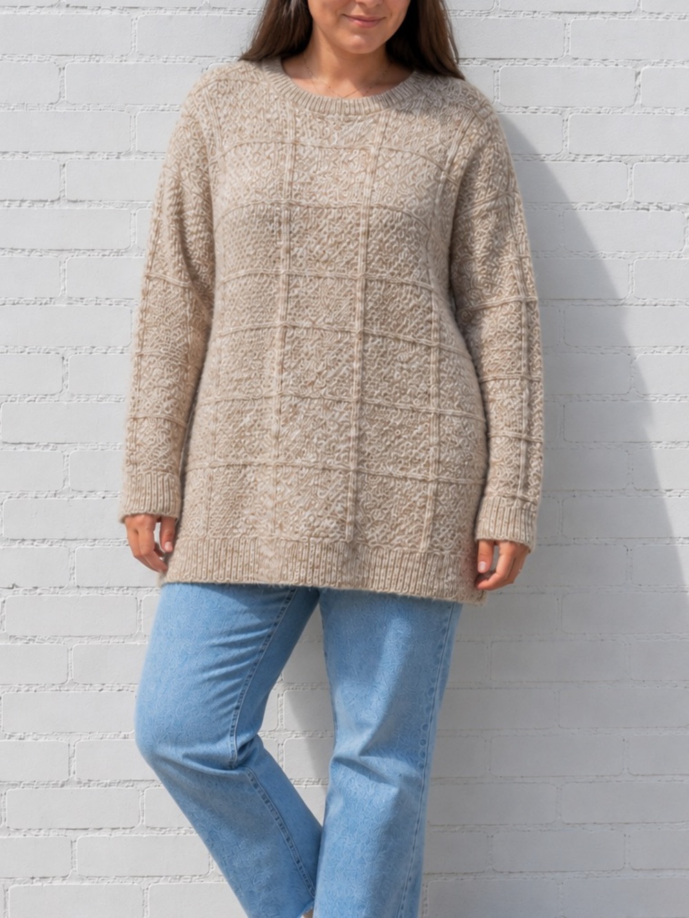 Lands End Brown Tan Cable Knit Fisherman Crewneck Pullover Tunic Sweater Size XL - Picture 2 of 9